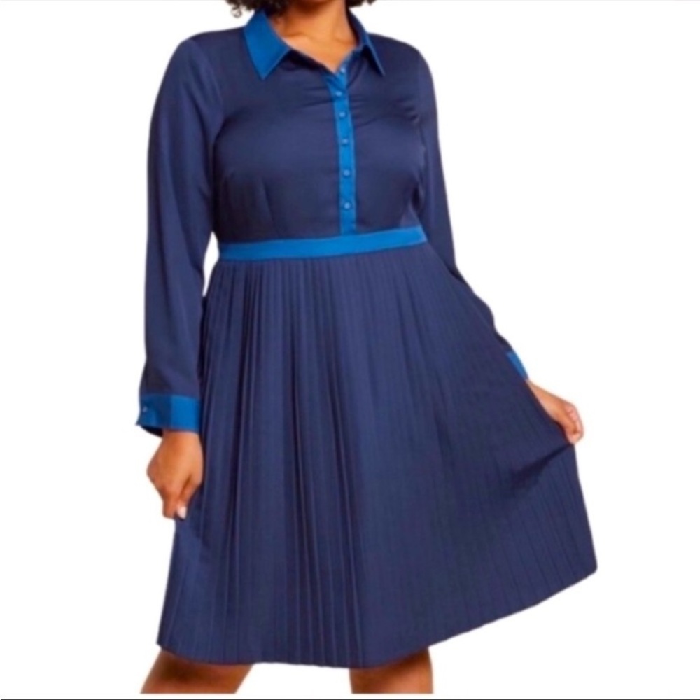 ModCloth Just My Typist Dress Women’s Sz 20 Pleated, Button Front Navy Blue